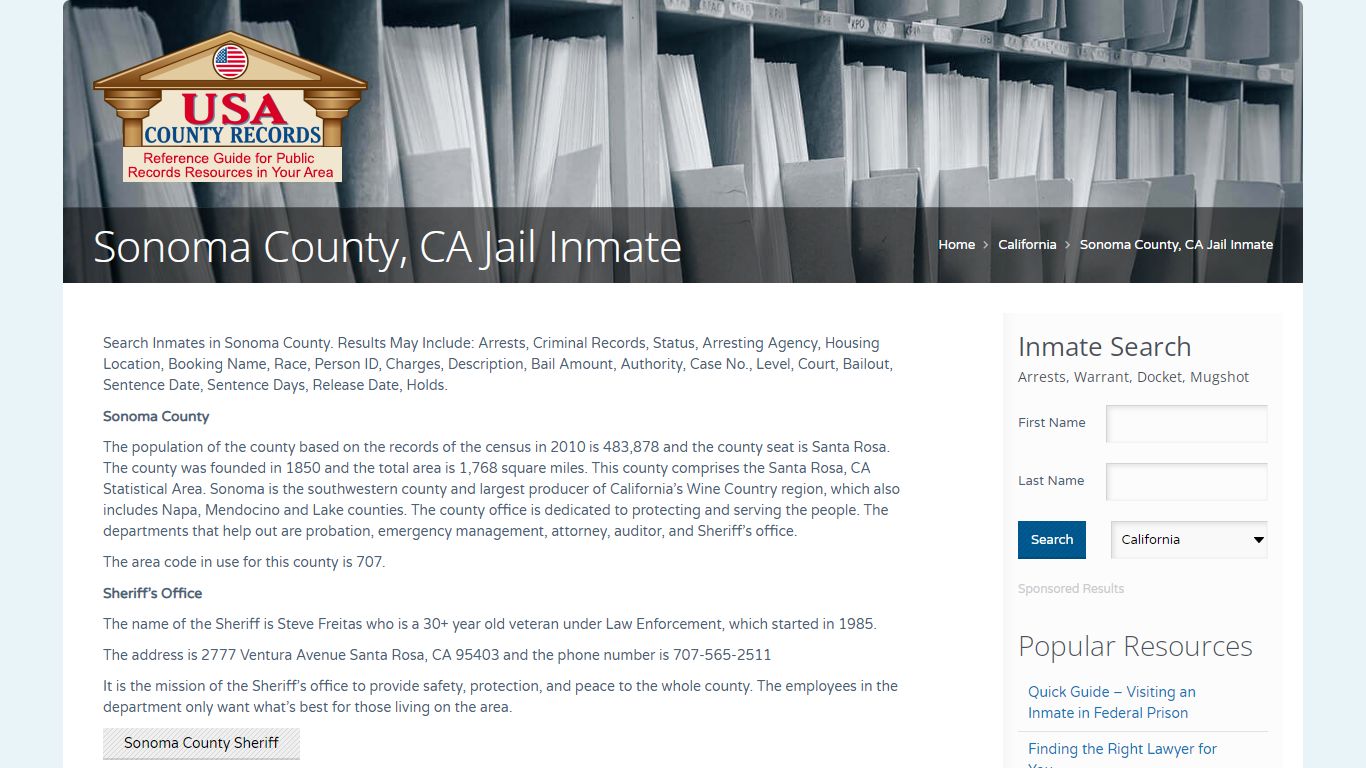 Sonoma County, CA Jail Inmate | Name Search